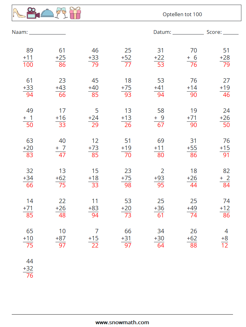 (50) Optellen tot 100 Wiskundige werkbladen 7 Vraag, Antwoord