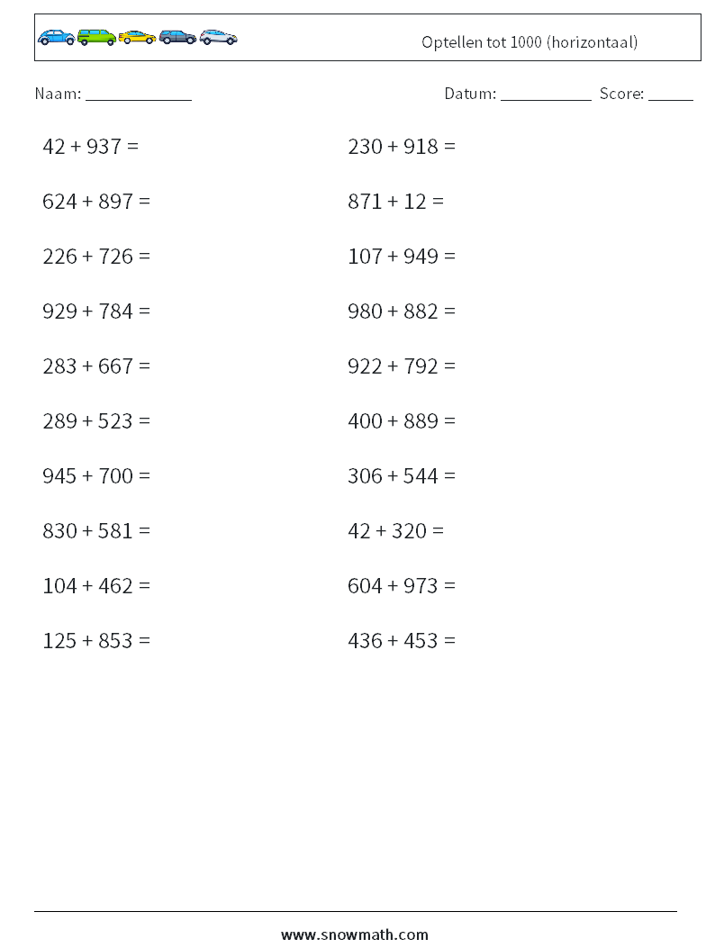 (20) Optellen tot 1000 (horizontaal)