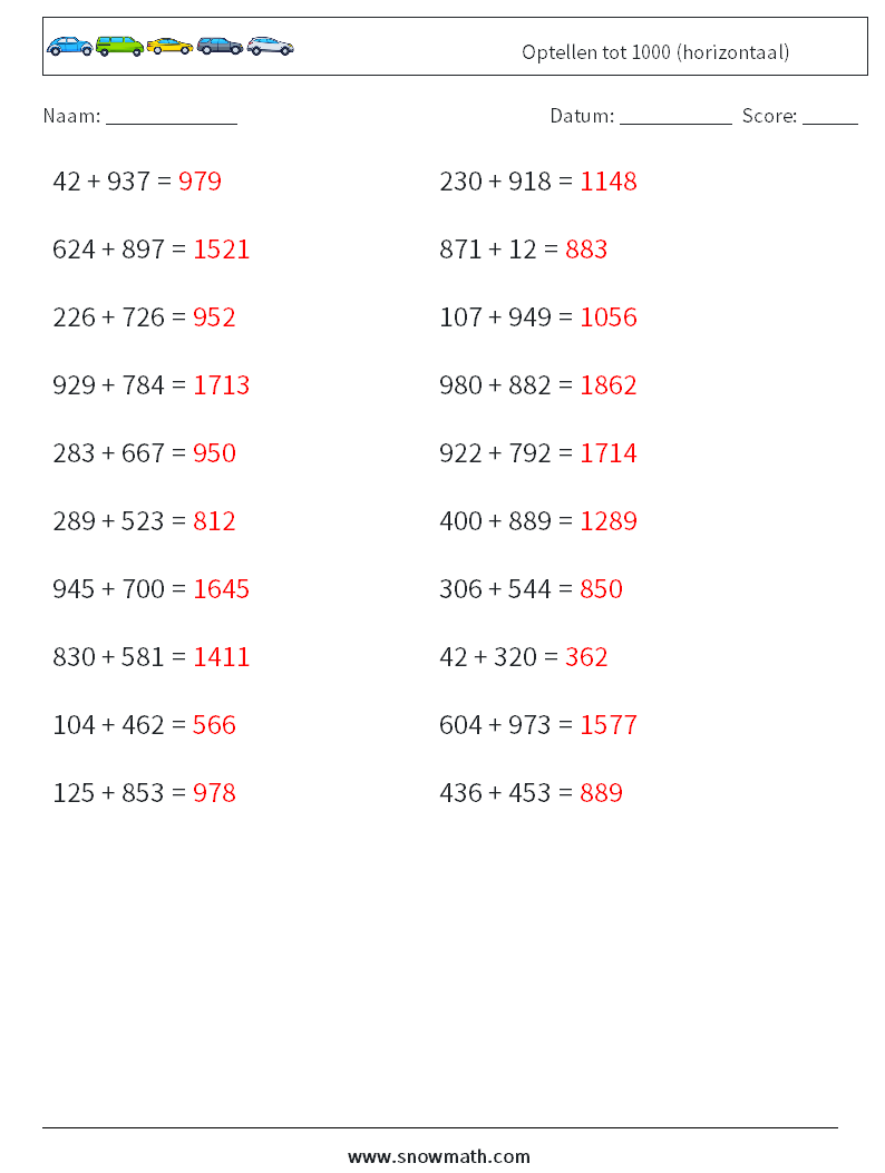 (20) Optellen tot 1000 (horizontaal) Wiskundige werkbladen 1 Vraag, Antwoord