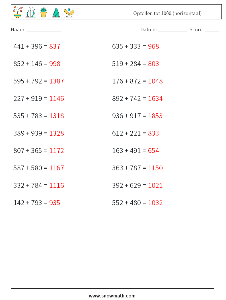 (20) Optellen tot 1000 (horizontaal) Wiskundige werkbladen 3 Vraag, Antwoord