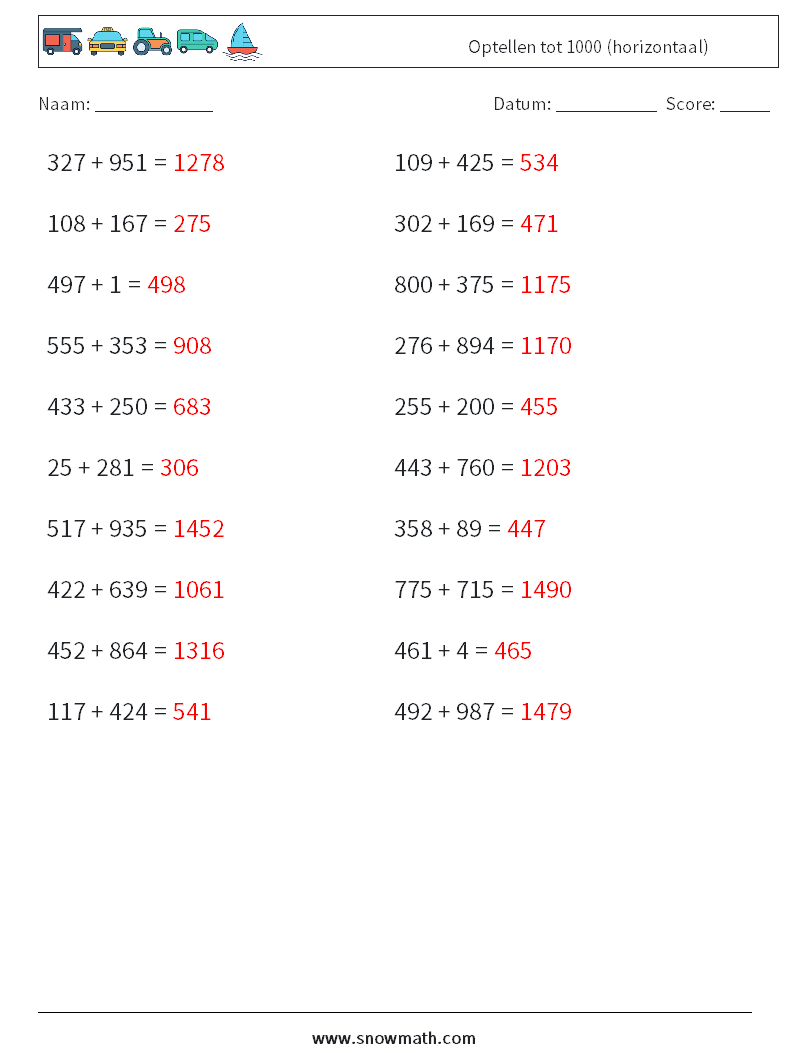 (20) Optellen tot 1000 (horizontaal) Wiskundige werkbladen 4 Vraag, Antwoord