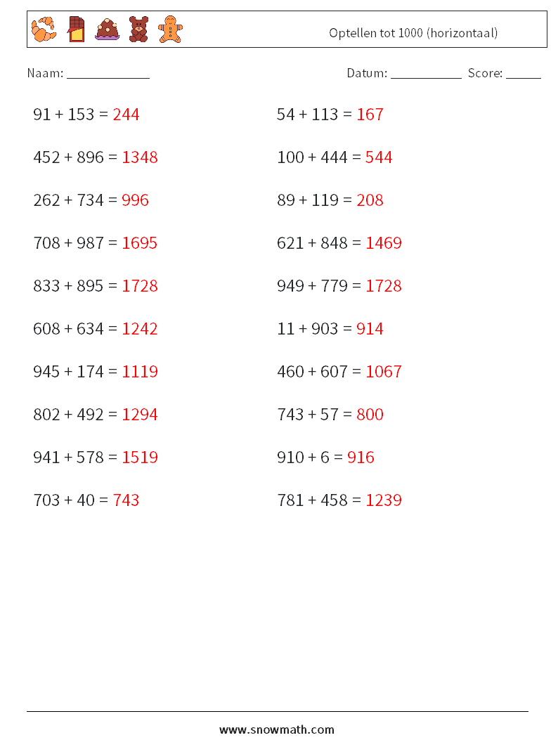 (20) Optellen tot 1000 (horizontaal) Wiskundige werkbladen 5 Vraag, Antwoord