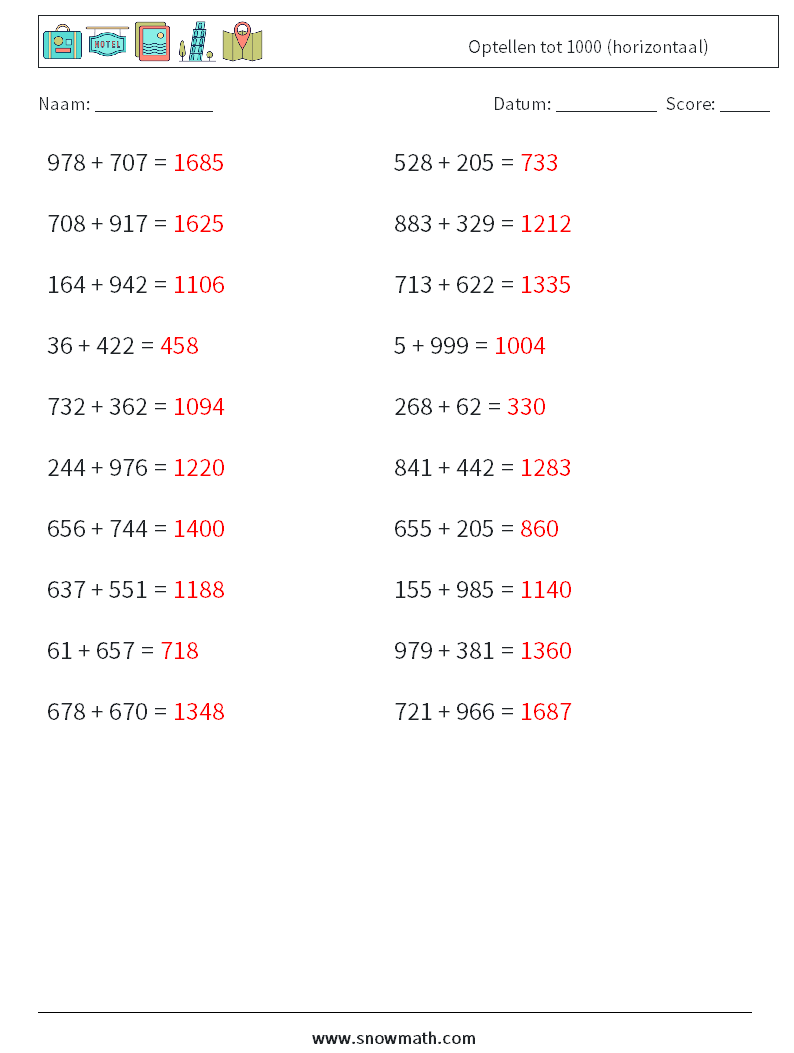 (20) Optellen tot 1000 (horizontaal) Wiskundige werkbladen 6 Vraag, Antwoord