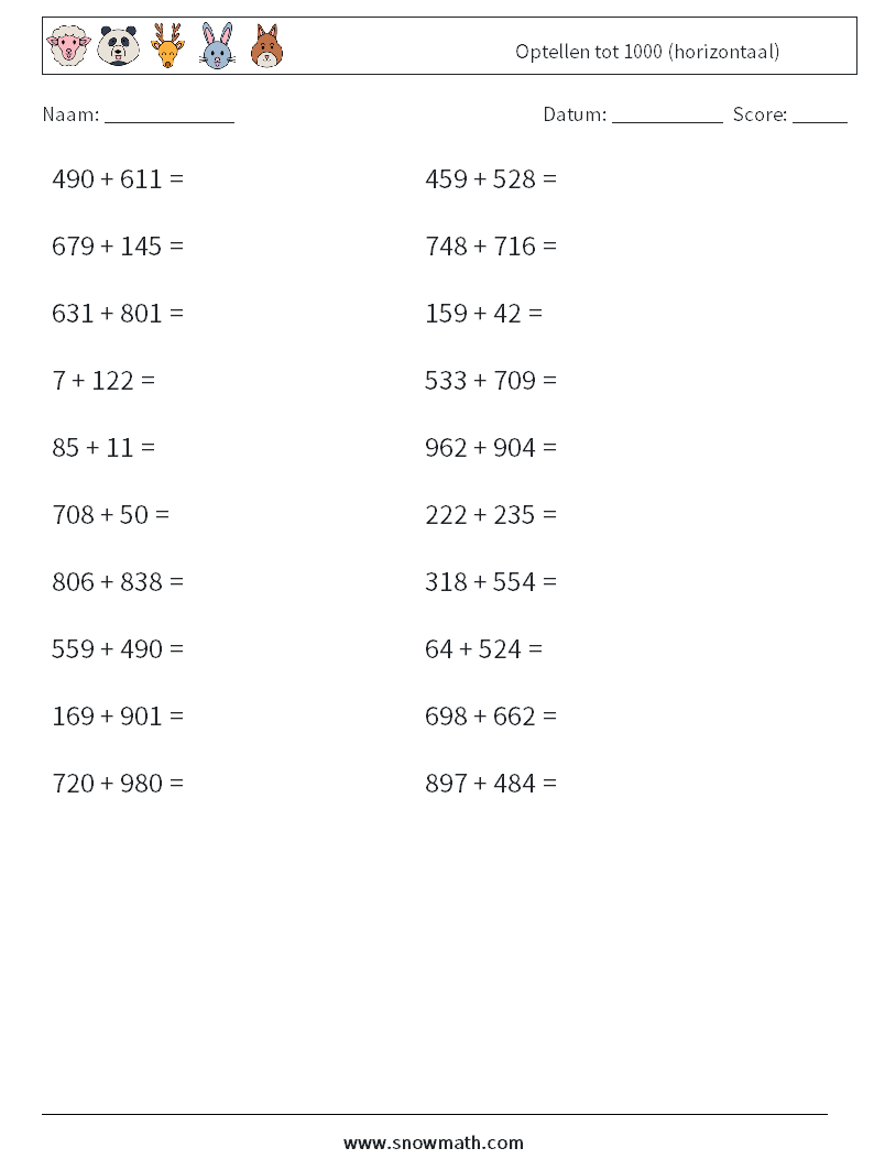 (20) Optellen tot 1000 (horizontaal) Wiskundige werkbladen 7