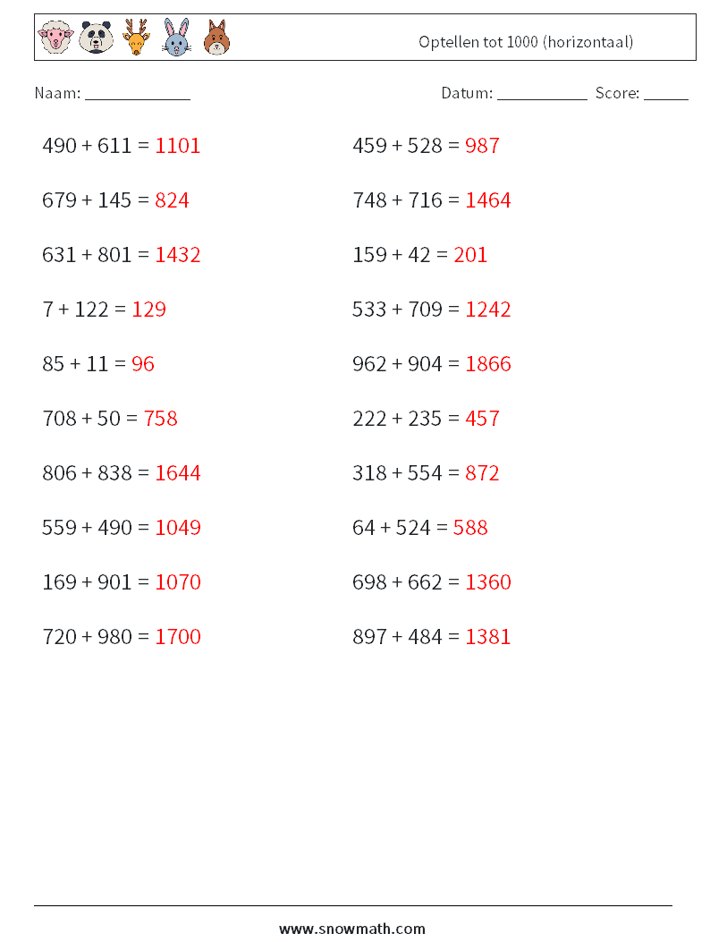 (20) Optellen tot 1000 (horizontaal) Wiskundige werkbladen 7 Vraag, Antwoord