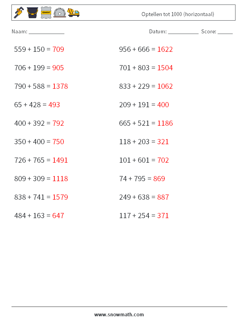 (20) Optellen tot 1000 (horizontaal) Wiskundige werkbladen 8 Vraag, Antwoord