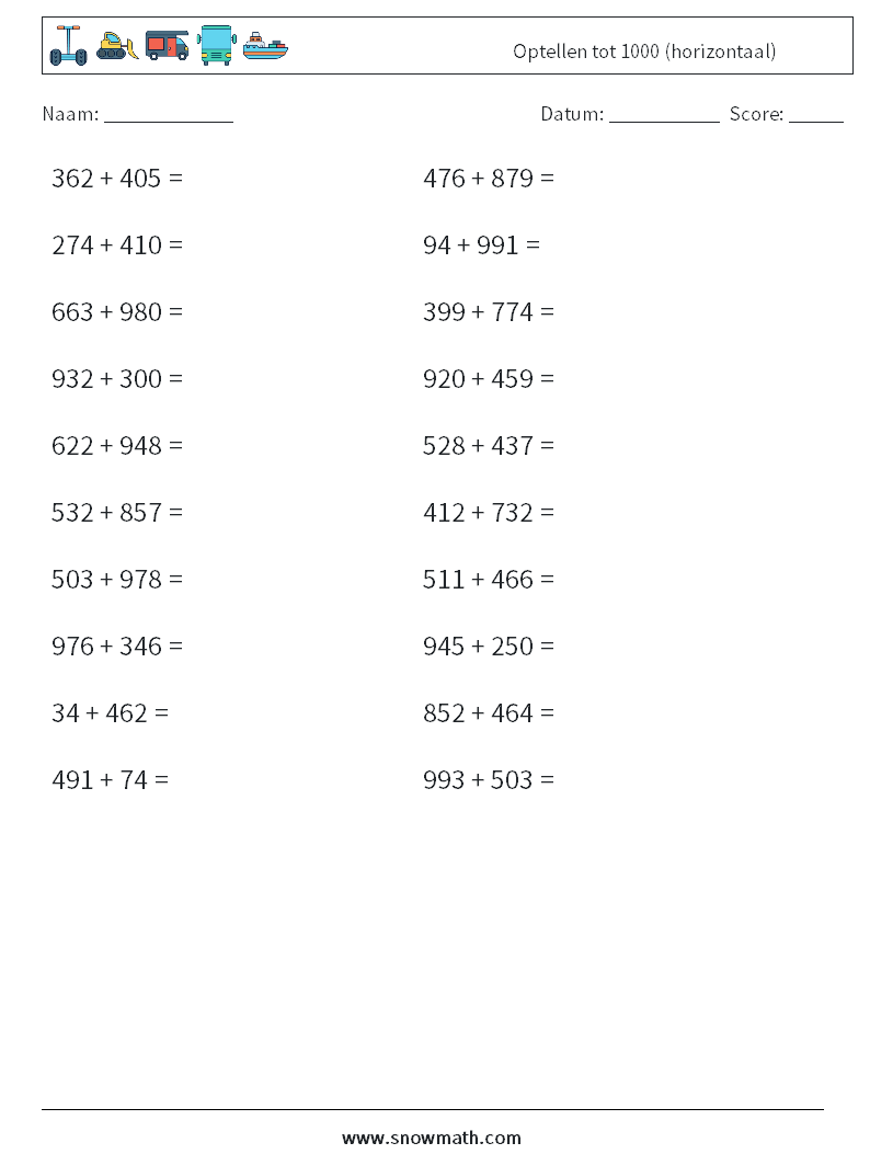 (20) Optellen tot 1000 (horizontaal) Wiskundige werkbladen 9