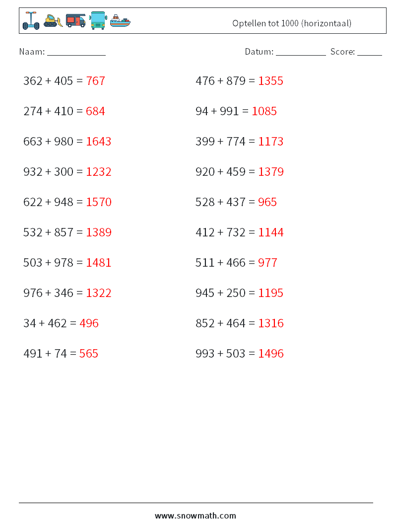 (20) Optellen tot 1000 (horizontaal) Wiskundige werkbladen 9 Vraag, Antwoord