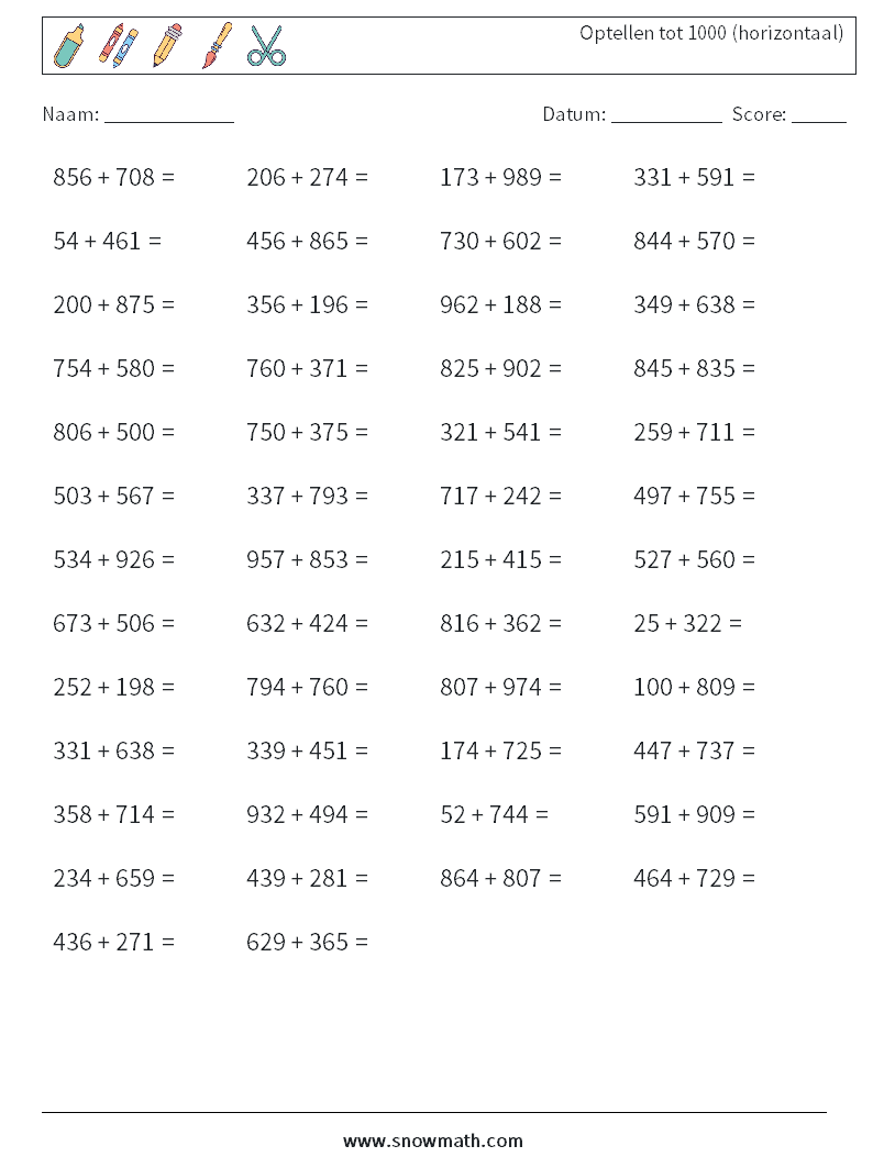 (50) Optellen tot 1000 (horizontaal) Wiskundige werkbladen 1