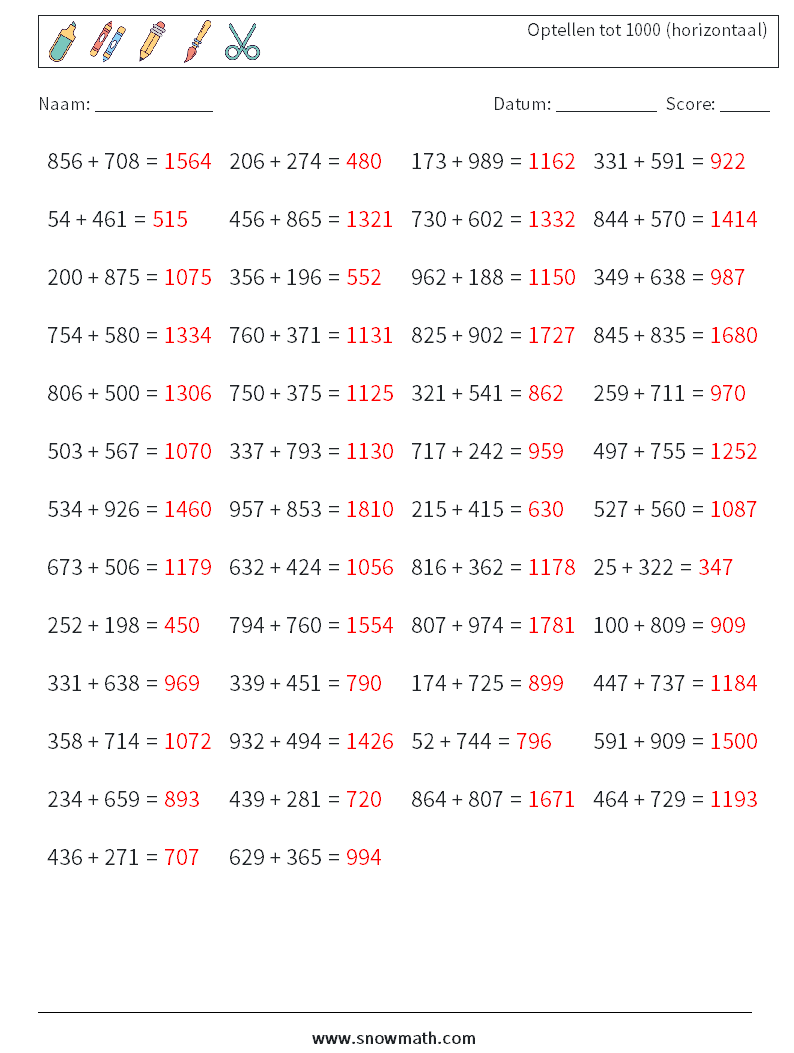 (50) Optellen tot 1000 (horizontaal) Wiskundige werkbladen 1 Vraag, Antwoord