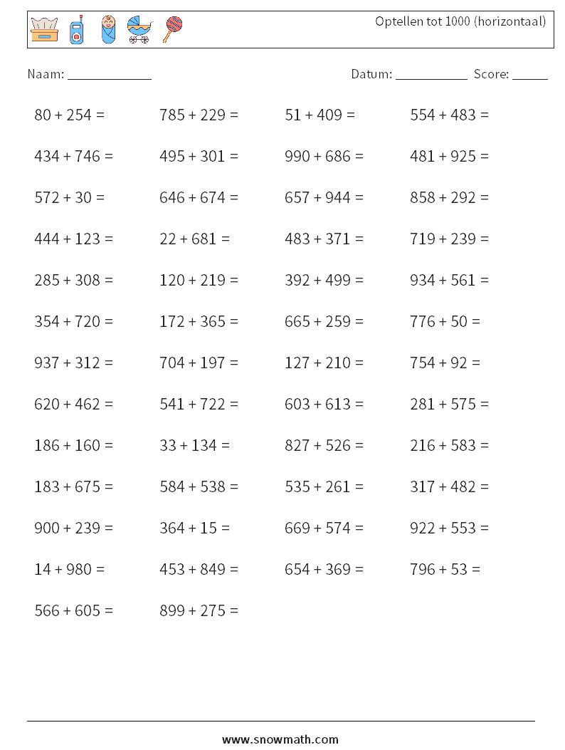 (50) Optellen tot 1000 (horizontaal) Wiskundige werkbladen 2