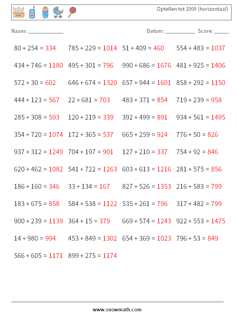 (50) Optellen tot 1000 (horizontaal) Wiskundige werkbladen 2 Vraag, Antwoord