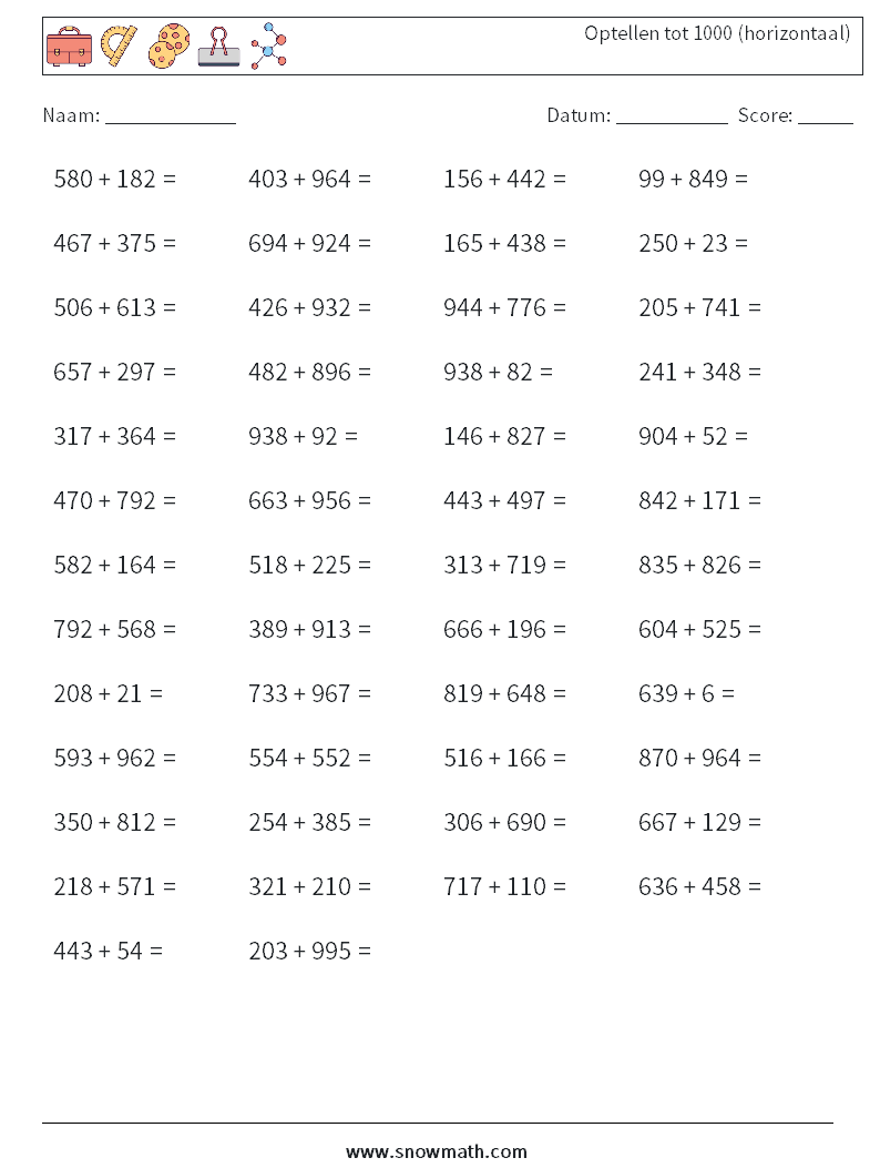 (50) Optellen tot 1000 (horizontaal) Wiskundige werkbladen 3