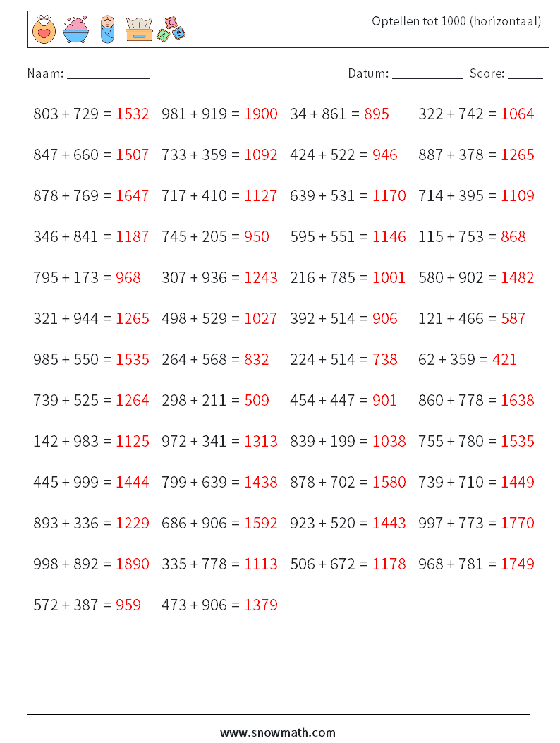 (50) Optellen tot 1000 (horizontaal) Wiskundige werkbladen 4 Vraag, Antwoord