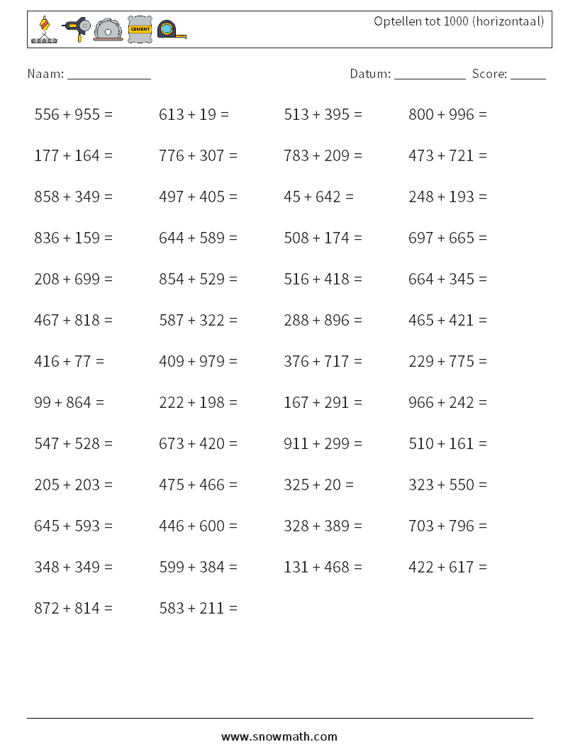 (50) Optellen tot 1000 (horizontaal) Wiskundige werkbladen 5
