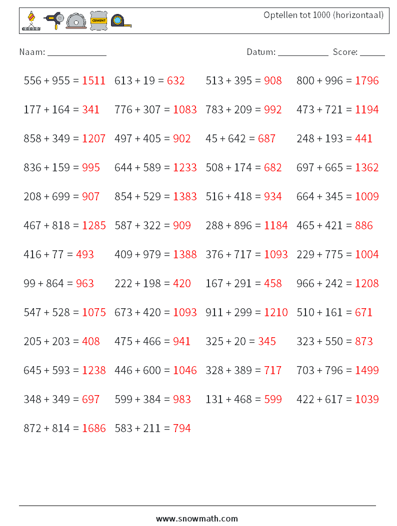 (50) Optellen tot 1000 (horizontaal) Wiskundige werkbladen 5 Vraag, Antwoord