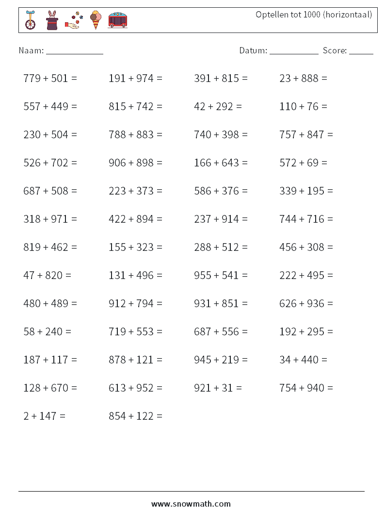 (50) Optellen tot 1000 (horizontaal) Wiskundige werkbladen 6