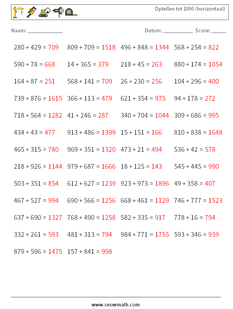 (50) Optellen tot 1000 (horizontaal) Wiskundige werkbladen 7 Vraag, Antwoord