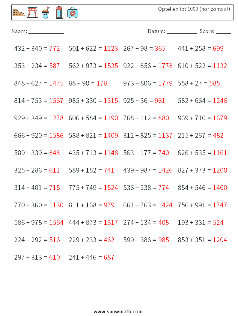 (50) Optellen tot 1000 (horizontaal) Wiskundige werkbladen 8 Vraag, Antwoord