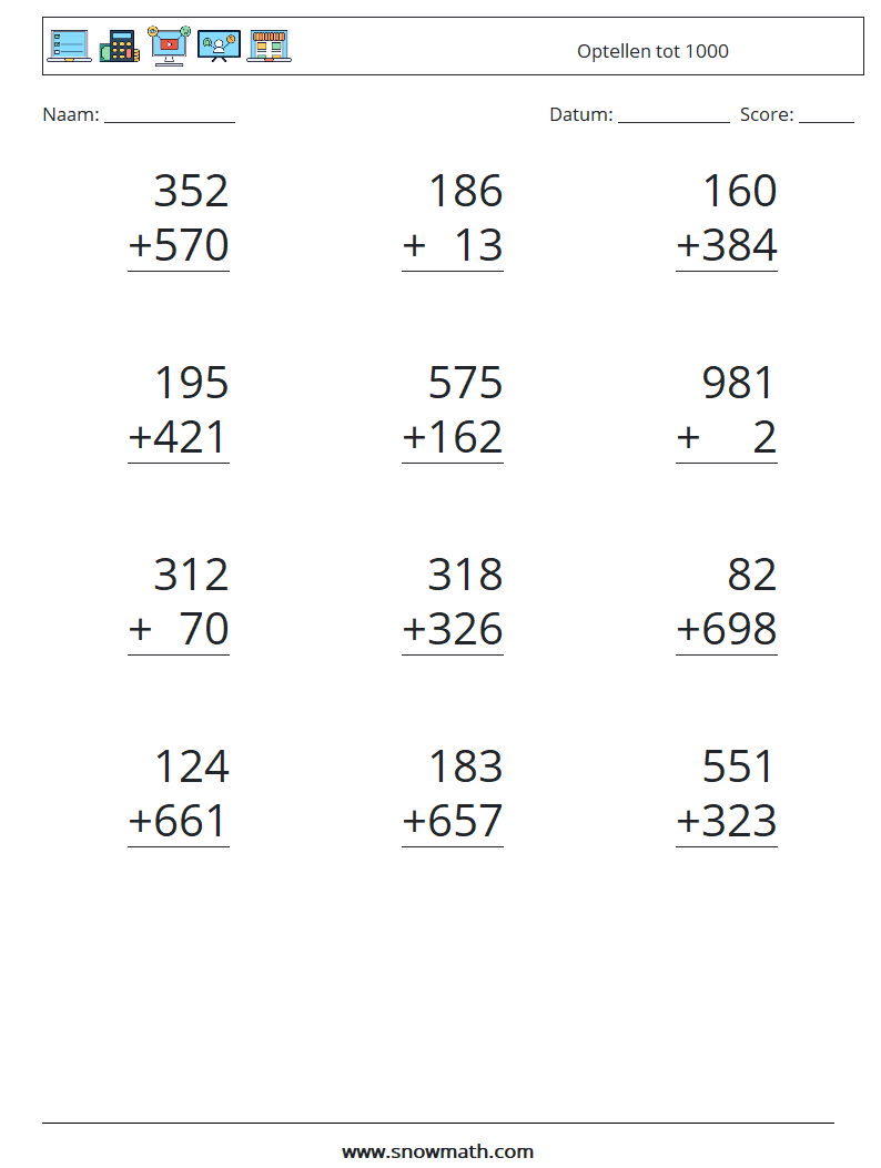 (12) Optellen tot 1000 Wiskundige werkbladen 10