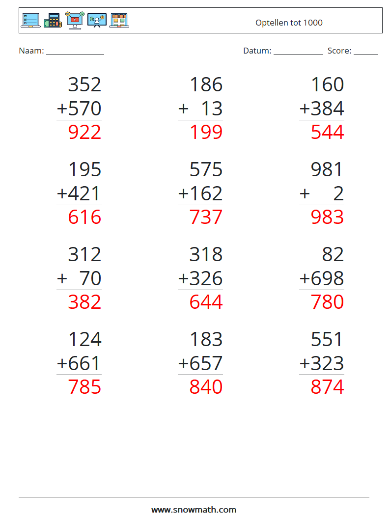 (12) Optellen tot 1000 Wiskundige werkbladen 10 Vraag, Antwoord