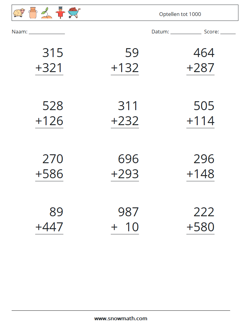 (12) Optellen tot 1000 Wiskundige werkbladen 11