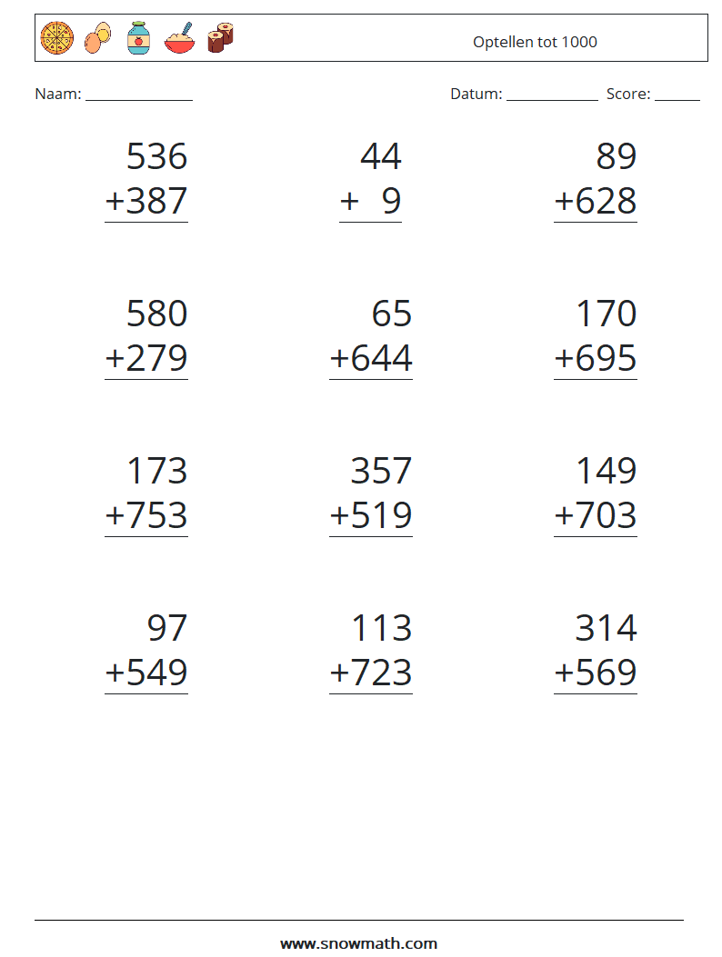 (12) Optellen tot 1000 Wiskundige werkbladen 14