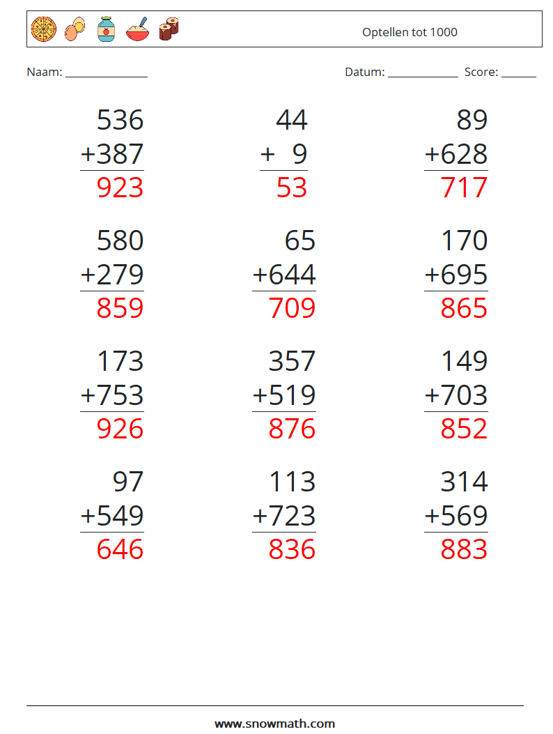 (12) Optellen tot 1000 Wiskundige werkbladen 14 Vraag, Antwoord