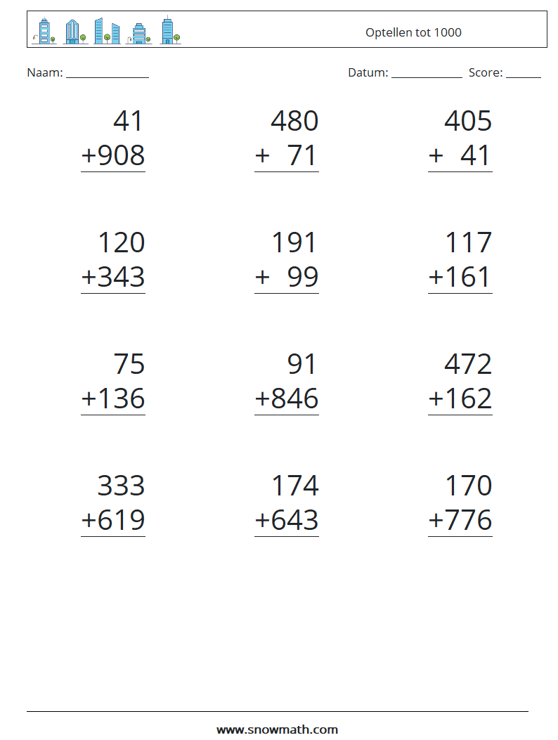 (12) Optellen tot 1000 Wiskundige werkbladen 15