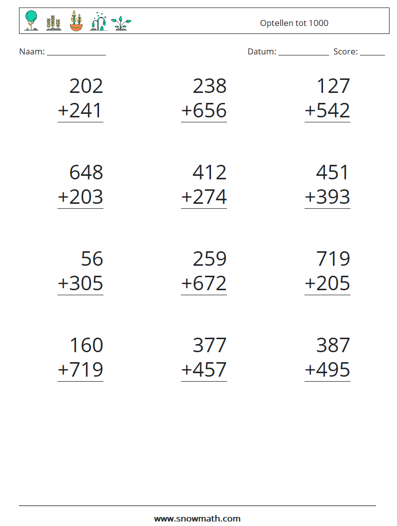 (12) Optellen tot 1000 Wiskundige werkbladen 16