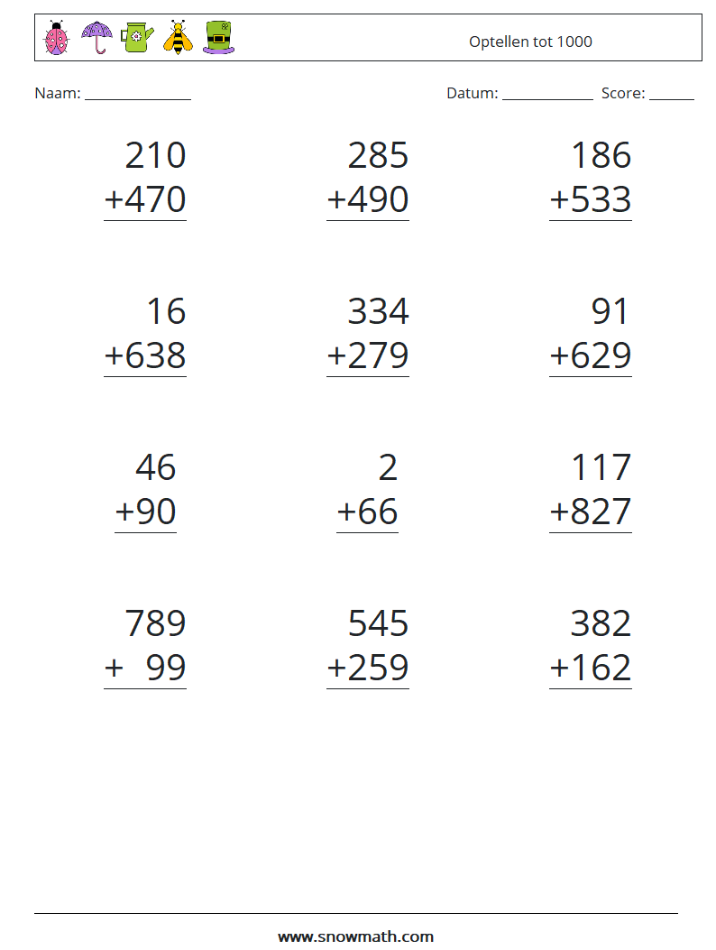 (12) Optellen tot 1000 Wiskundige werkbladen 17