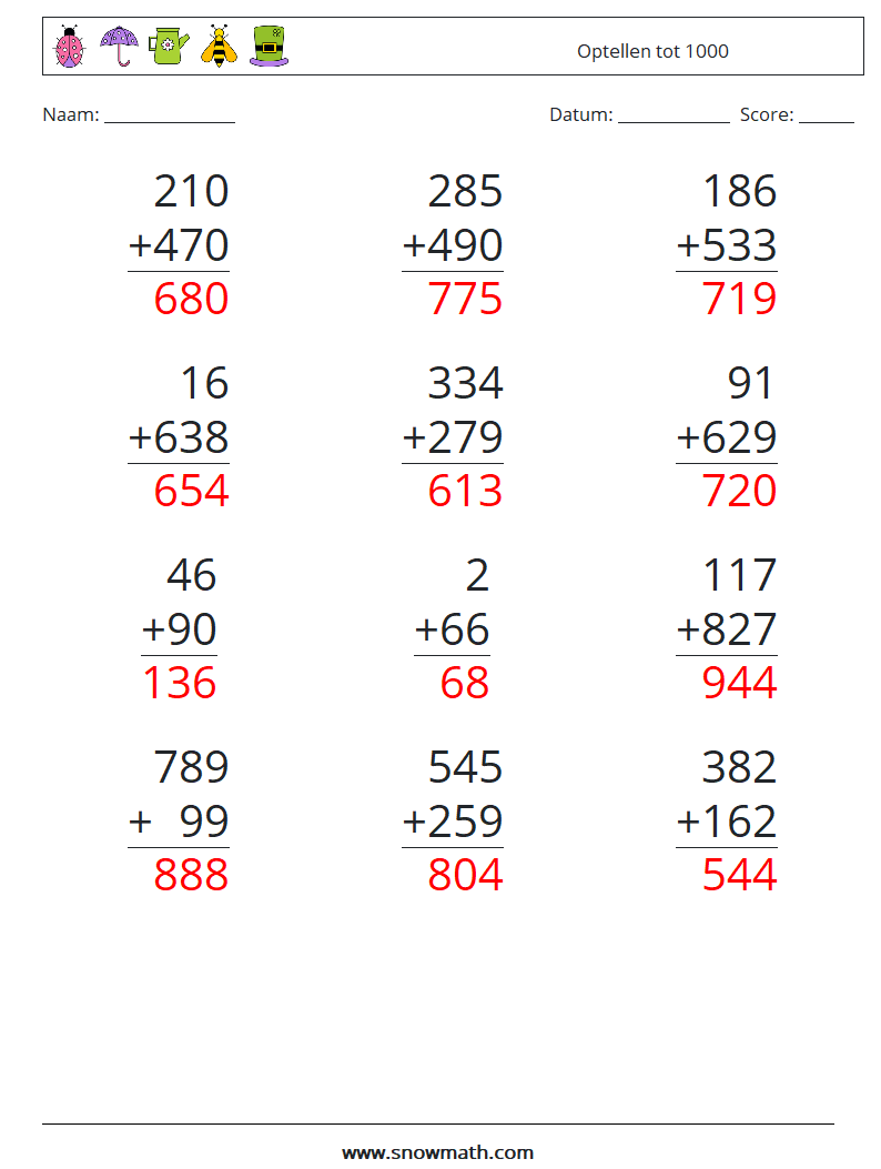 (12) Optellen tot 1000 Wiskundige werkbladen 17 Vraag, Antwoord