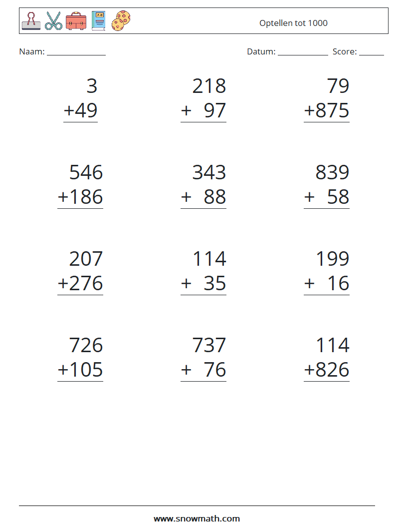 (12) Optellen tot 1000 Wiskundige werkbladen 18
