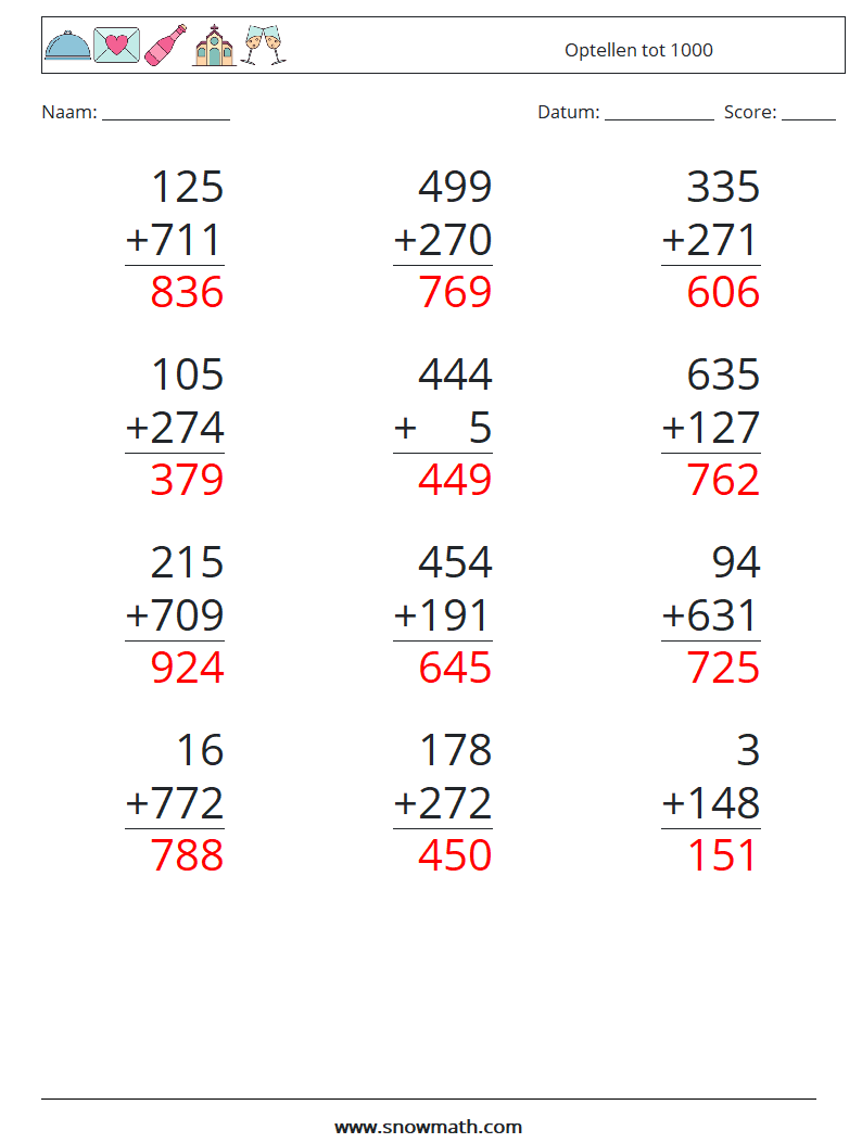 (12) Optellen tot 1000 Wiskundige werkbladen 1 Vraag, Antwoord