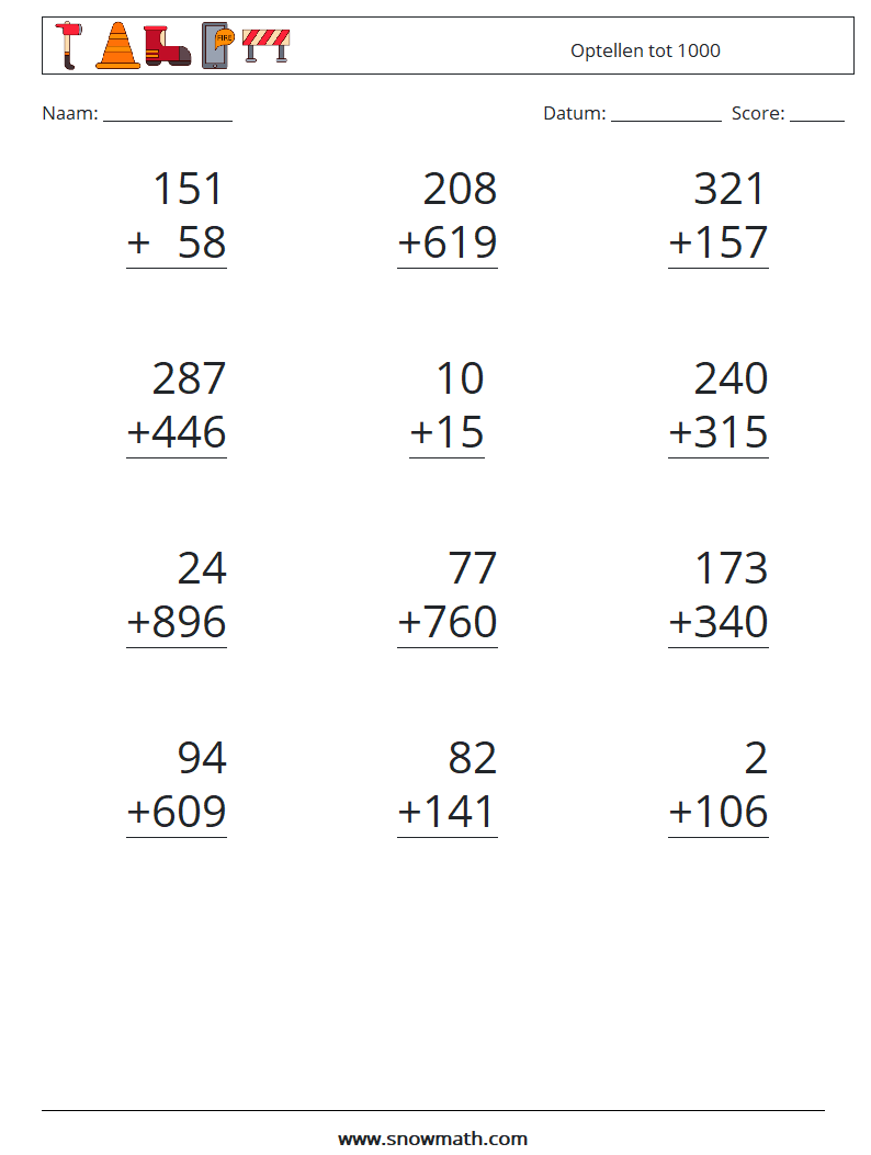 (12) Optellen tot 1000 Wiskundige werkbladen 2