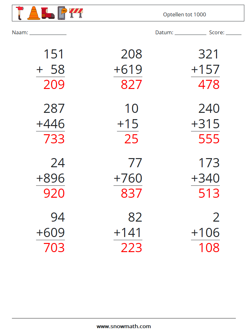 (12) Optellen tot 1000 Wiskundige werkbladen 2 Vraag, Antwoord