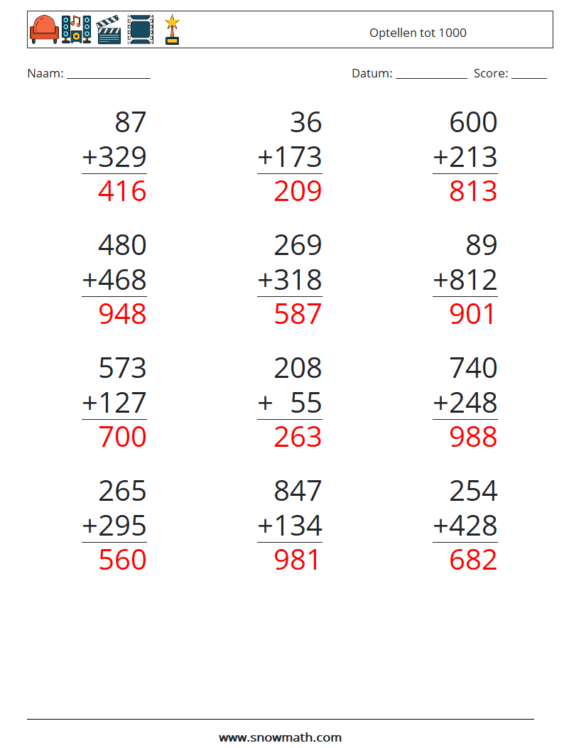 (12) Optellen tot 1000 Wiskundige werkbladen 3 Vraag, Antwoord