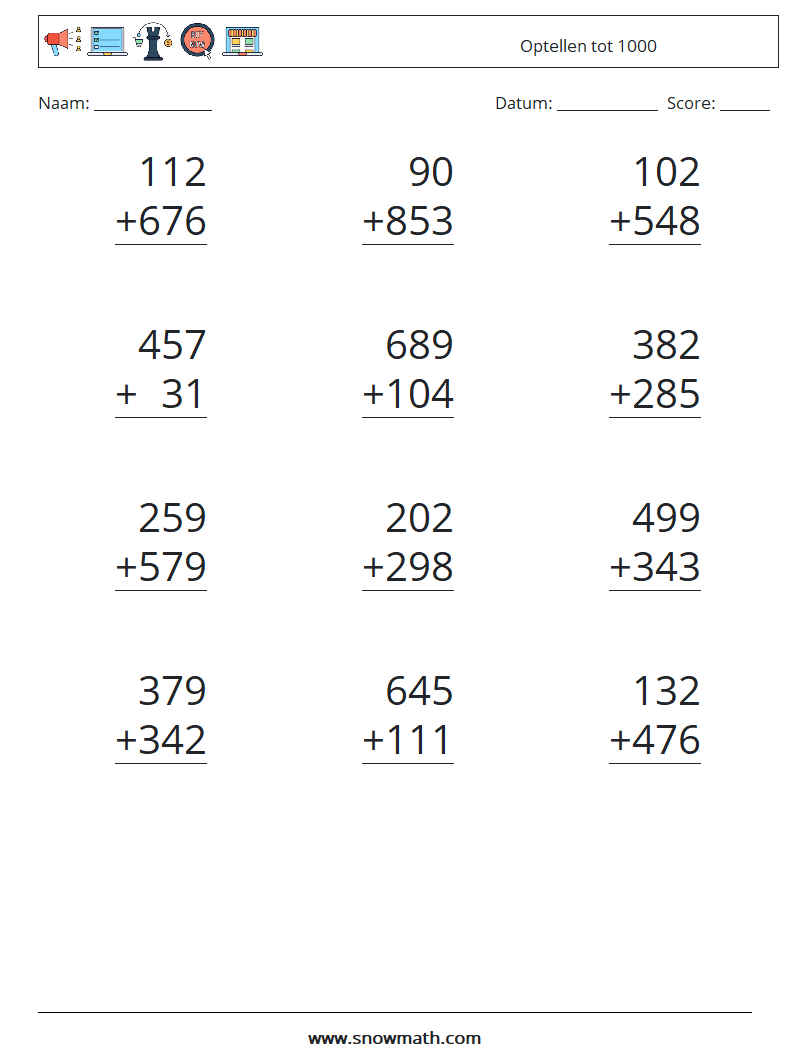 (12) Optellen tot 1000 Wiskundige werkbladen 4