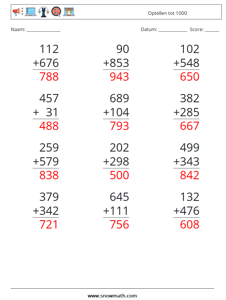 (12) Optellen tot 1000 Wiskundige werkbladen 4 Vraag, Antwoord