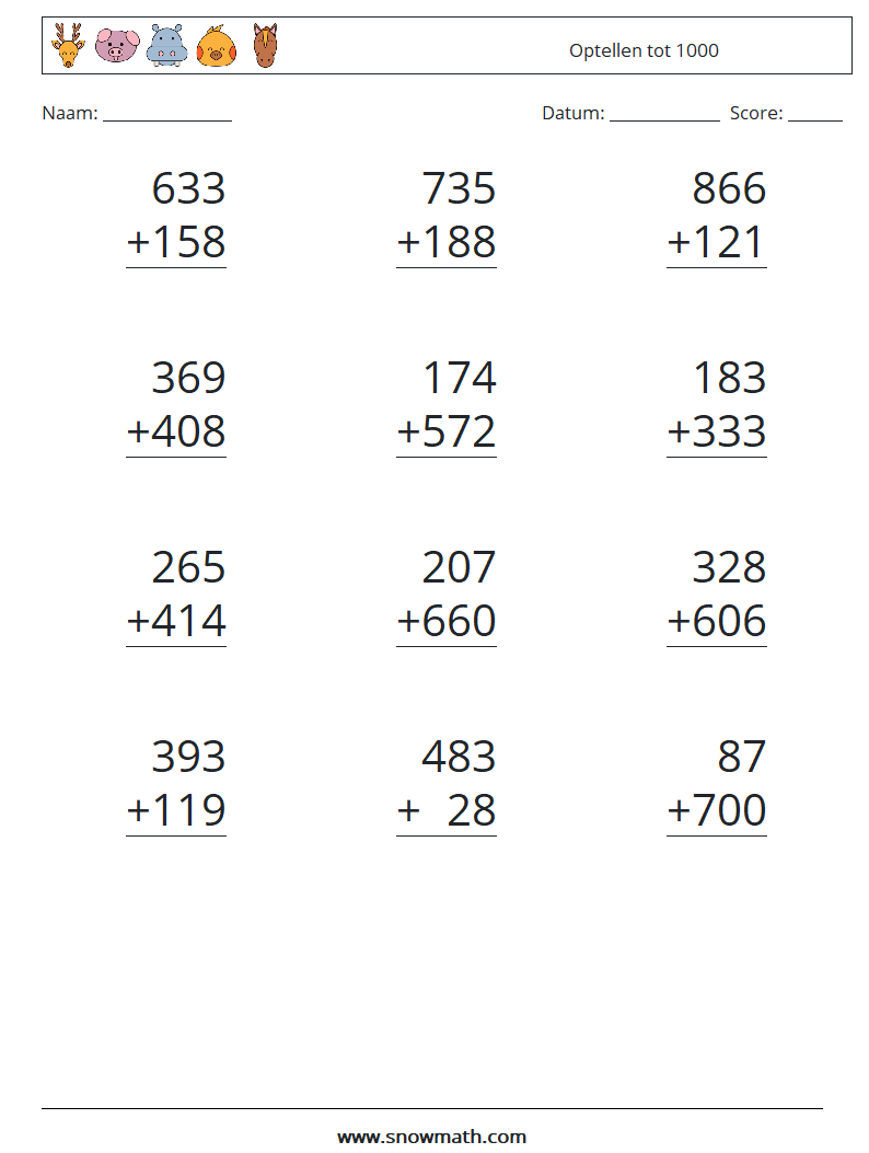 (12) Optellen tot 1000 Wiskundige werkbladen 5