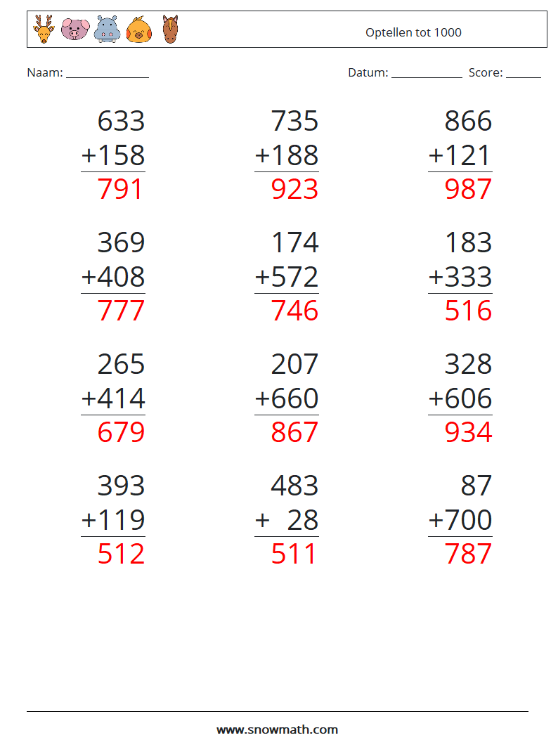 (12) Optellen tot 1000 Wiskundige werkbladen 5 Vraag, Antwoord