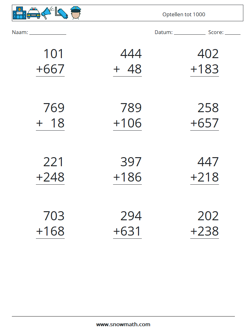(12) Optellen tot 1000 Wiskundige werkbladen 6