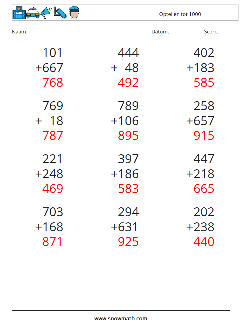 (12) Optellen tot 1000 Wiskundige werkbladen 6 Vraag, Antwoord