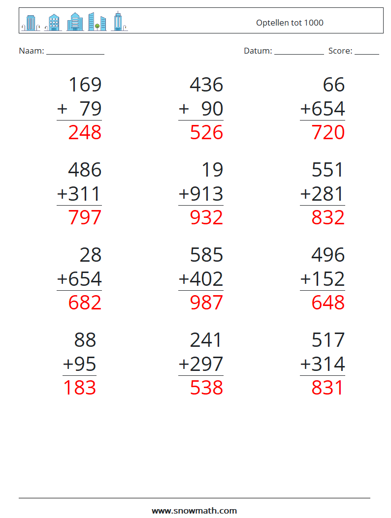 (12) Optellen tot 1000 Wiskundige werkbladen 7 Vraag, Antwoord