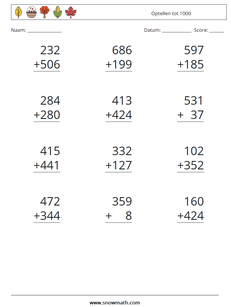 (12) Optellen tot 1000 Wiskundige werkbladen 8