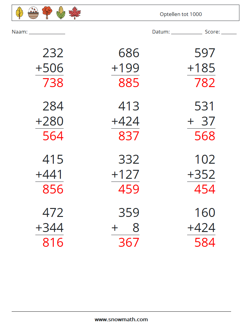 (12) Optellen tot 1000 Wiskundige werkbladen 8 Vraag, Antwoord