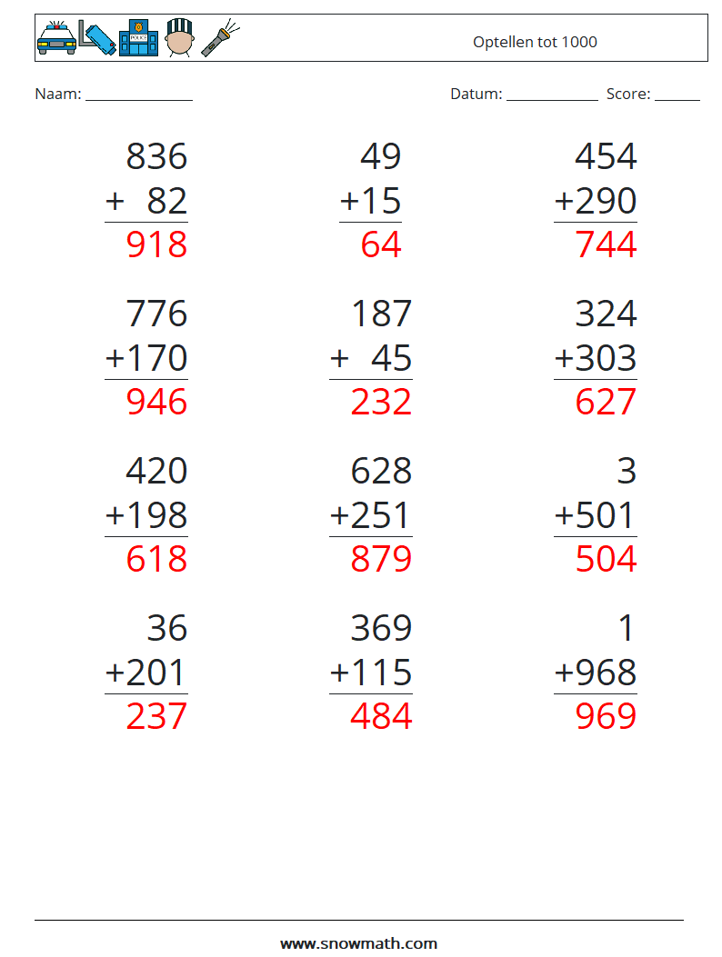 (12) Optellen tot 1000 Wiskundige werkbladen 9 Vraag, Antwoord