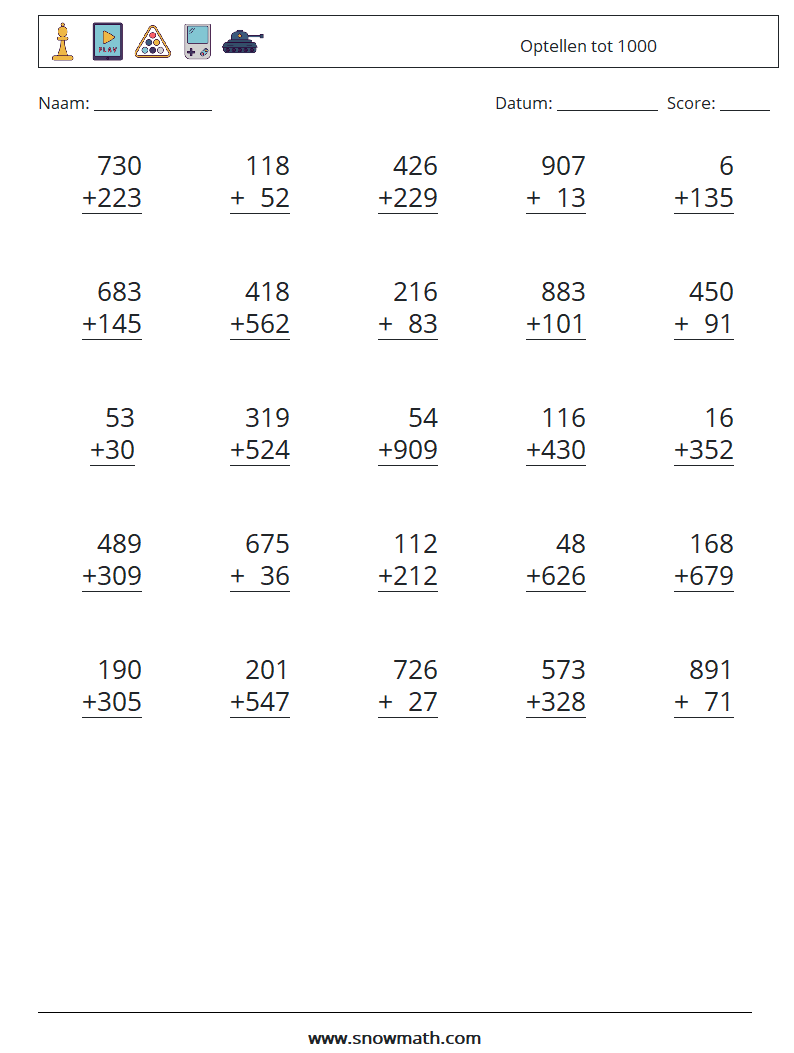 (25) Optellen tot 1000 Wiskundige werkbladen 10