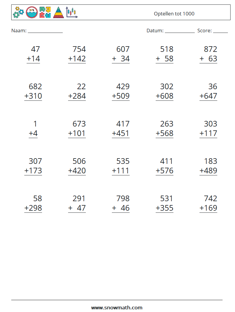 (25) Optellen tot 1000 Wiskundige werkbladen 11