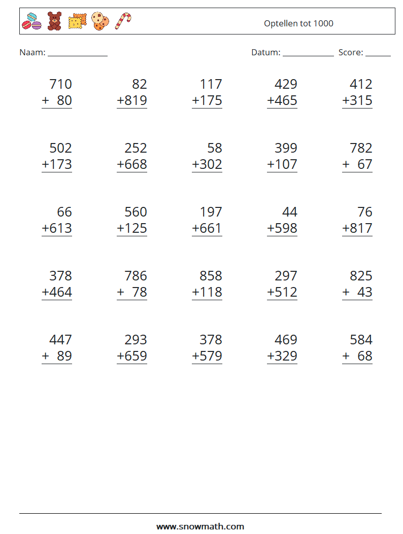 (25) Optellen tot 1000 Wiskundige werkbladen 12